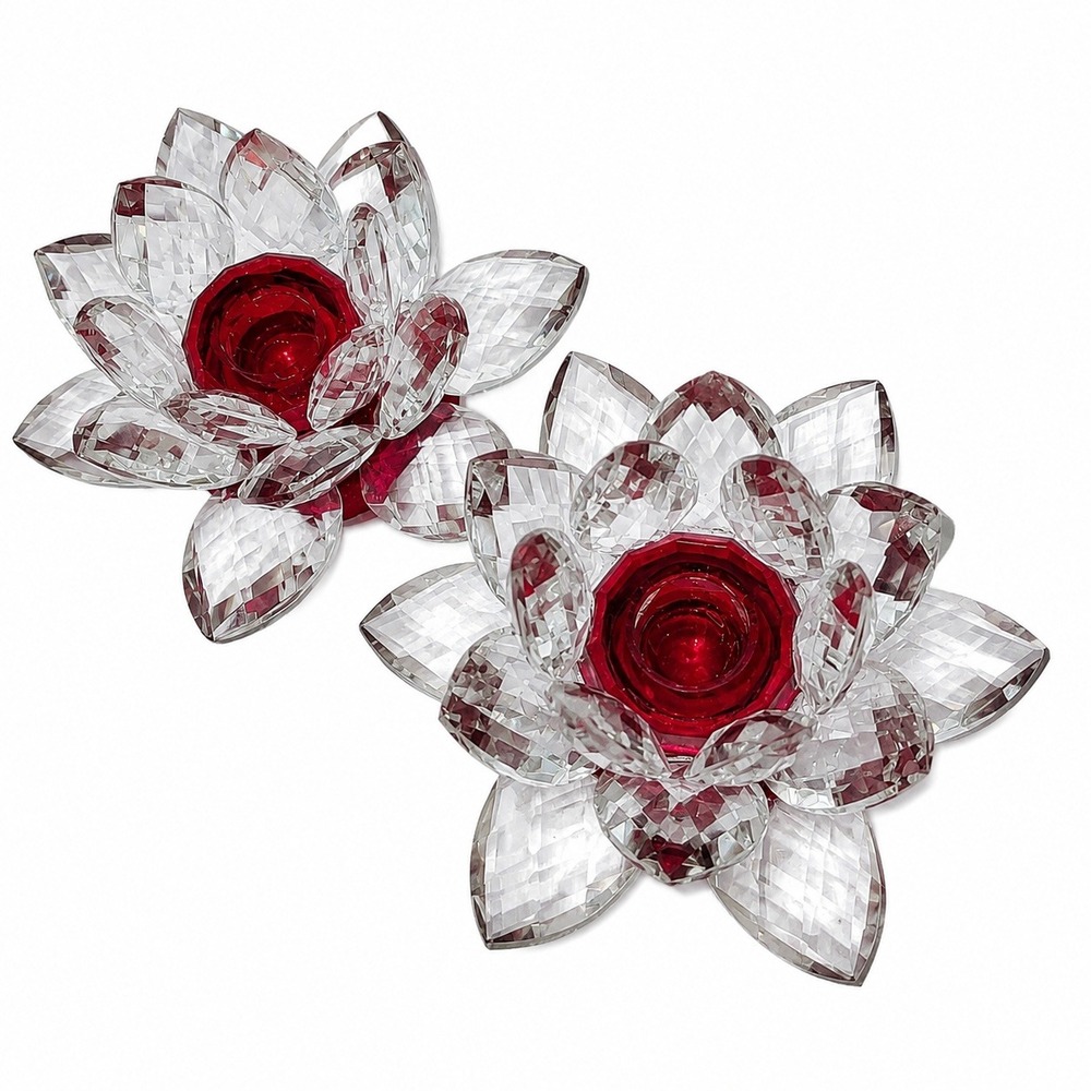 Vintage Crystal Clear Lotus Flower Candle Holders Pair Red Faceted Crystal Glass